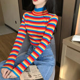 Rainbow Knitted Women Sweaters And Long Sleeve Casual O-Neck Pullovers Sueter Mujer Tops Striped Turtleneck