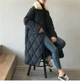 Fashion Argyle Fur Collar Long Parka Winter Down Jacket Women Single Breasted Casual Warm Oversize