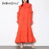 Vintage Red Patchwork Ruffle Long Dress Female Stand Collar Lantern Sleeve Loose Maxi Dresses For Women 2021
