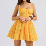 Yellow Strap Jacquard Lace Mini Dress-Outfit