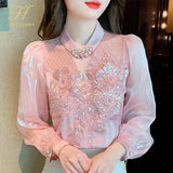 Han Queen Simple Autumn Blusas Elegant Bead Embroidery Blouses Womens Korean Loose Casual Vintage Shirts OL Office Work Tops-Outfit