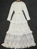 Lace Solid Dresses Female Round Neck Long Sleeve Patchwork Bowknot High Waist Ruffles Dress For Women Summer Fashion