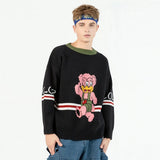 Cartoon Hello Pink Bear Embroidery Sweater Harajuku Retro Style Knitted Sweater Autumn And Winter Cotton Pullover