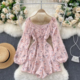 Floral Jumpsuit Women Ruched V Neck Puff Sleeve Office Rompers Autumn Boho Print Holiday Wide Leg Short