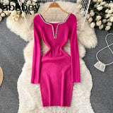 Slim Bodycon Knitted Dress Temperamant Long Sleeve bodycon Sweater Dress Square Collar Women Winter Short