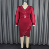 Women's Fashion V-Neck Bubble Sleeve Perspective Dress High Waist Nails