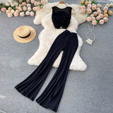 Women Summer Two Pieces Sets Sleeveless Slim Short Tops+High Waist Wide Legs Long Pants Fashion Long Two Piece