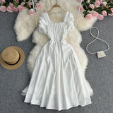 Toloer Vacation Wind French Retro Square Collar Waist Dress Female Summer Design Sense Bubble Short Sleeve Fairy