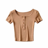 New Solid Color Four-Button Elastic Basic T-Shirt Summer Women's Short Navel-Missing Short-Sleeved Blouse-Outfit