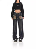 Toloer New Niche Design Contrast Jeans Women's High Street Blue Fur Mop Wide Leg