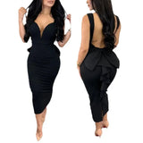 Toloer Temperament Elegant Solid Color Wrap Hip Dew Back Deep V High Waist Bow Stretch Slit