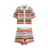 Autumn New Striped Printed Short Sleeve Clip Sleeve Casual Shorts Striped Knitted Sling