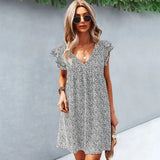 V Neck Floral Print Short Dress Sexy Yellow Women Summer Dress with Lining Lady Ruffle Sleeve Casual Loose Outfit