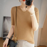 Toloer The Summer Of 2024, Women's Knit Short Sleeve Korean V-Neck Solid Color T-Shirt And A Pit Top-Outfit