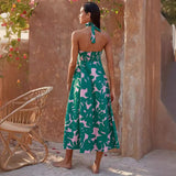 Summer Dress Hanging Neck Sleeveless Print A-Shaped Bohemian Long Dress