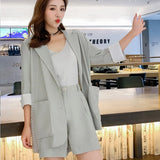 Casual Women Pant Suits Three-Quarter Sleeve Jacket Blazer & Button Fly Short Chic Female Short Suits OL Style Summer Work