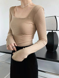 Long Sleeve Square Neck Fitted Tops Gray / Khaki / Black / White Spring Low Neck Women