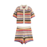 Autumn New Striped Printed Short Sleeve Clip Sleeve Casual Shorts Striped Knitted Sling