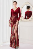 Winter Elegant Velvet With Sequins Deep V Neck Long Sleeve Slit Cocktail Eevening