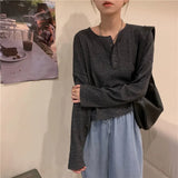 Sleeve T-shirts Women Elegant Simple Pure Button Design Retro Ins Autumn Ladies Tees Top All-match BF Style Mujer Clothes-Outfit