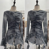 Shooting Hot Girl Horn Sleeve Net Yarn Bottom Shirt Girl Body Waste Wind Irregular Ribbon Long-Sleeved Top