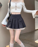 Pleated Skirts Women Sexy Bowknot High Waist Lace Patchwork Spring Fashion Culottes Sweet Firl Mini Skirt Casual-Outfit