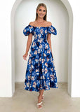 Summer New Bubble Sleeve Holiday Show Skinny Dress Babes High-Waisted Shoulder-Print Dress Dress