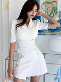 Han Queen Elegant Fashion White Office Pencil Dress Women Summer Sheath Button Pleated Dresses Simple Slim Work Party Vestidos-Outfit