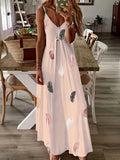Toloer And Summer New Sleeveless Slim Feather Print Low Breast V Collar Sling Large Hem Skirt Women's Dress-Outfit