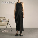 Pleated Casual Dress For Women O Neck Sleeveless High Waist Solid Elegant Midi Dresses Females Summer Clothing