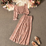 Women Autumn French Print Floral Suits Square Collar Puff Sleeve Short Tops+High Waist Wide Leg Pants Two Pieces
