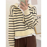 Version Lapel Striped Head Sweater Female Qiu Dong New Loose Long Sleeve Versatile Fashion Short Jacket Female-Outfit