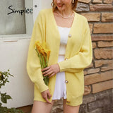 Simplee Casual v-neck knitted cardigan women Autumn winter lantern sleeve button female cardigan Fashion ladies oversize