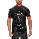 Toloer Men's PU Mirror Bright Leather Round Collar T-Shirt Slim Leisure Waterproof Short Sleeve Leather Vest No Smell-Outfit