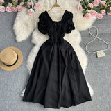 Toloer Vacation Wind French Retro Square Collar Waist Dress Female Summer Design Sense Bubble Short Sleeve Fairy