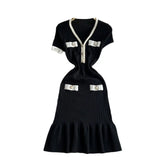 Toloer Fish Tail Dress Female Summer Dress 2024 New Knitted Black Temperament Waist Show Thin Design Sense