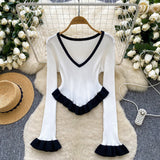 Striped Knitted Shirt Autumn Lotus Side Hem Horn Sleeves Slimmed Out Of The Bottom