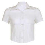 Toloer Women's Perspective White Shirt 2023 Summer New Ins Basic Lapel Short Sleeve Knit Cardigan Top Women-Outfit