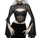 Net Horn Sleeve Double Ribbon Shoulder Dark Wind High Collar Characteristic Corns Strapped Long-Sleeved Blouse-Outfit