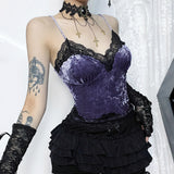 Summer's New Sexy Spicy Girls' Spliced Blouse Women's Dark Velvet Lace Lace Halter Top-Outfit