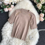 Sleeve O-neck High Quality Sweater Shirts With Decorated Buttons Girls Stretchy Crop Tops Sweaters Pullovers For