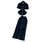 Light-Cooked Wind Strap To Close Waist Short-Sleeved Cowboy Topess Female High-Waisted Fork Hip Skirt Summer