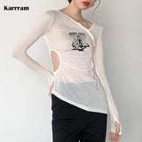 Sexy Irregular Designer Clothes Women See Through Long Sleeve Tee Shirt Female Hollow Out Slim T-shirt Tight