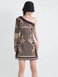 Toloer Spring Wear New Printing Heavy Industry Nail Bead Single Shoulder A Line Skirt Retro Style Small Long-Sleeved Dress-Outfit