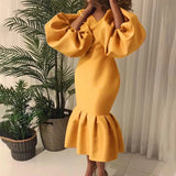 Commute Plus Size Women's Fashion Solid Color V-neck Bubble Long Sleeve Fishtail