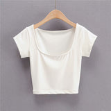 Summer New INS Tight Square Collar Short-Sleeved T-Shirt With Bottom Ultra-Short Exposed Collarbone High Waist Navel Blouse-Outfit