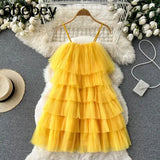 Women Retro Ruffles Pink/Green Strap Dress Mesh Spliced Wood ears Hem Cake Mini Party Dresses Robe Vestido