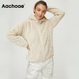 Faux Fur Coat Hooded Pockets Jackets Women Autumn Winter 2021 Casual Solid Long Sleeve Teddy Coat Fleece Zip Up