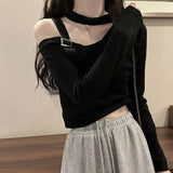 Shirt Design Popular Shoulder Hanging Neck Women's Autumn Dress Version Of 2025 New Slim Long Sleeve