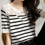 Women's Striped Round Neck Button Pullover Gauze Solid Short Sleeve T-shirt Casual Office Lady Vintage Knitted Tops-Outfit